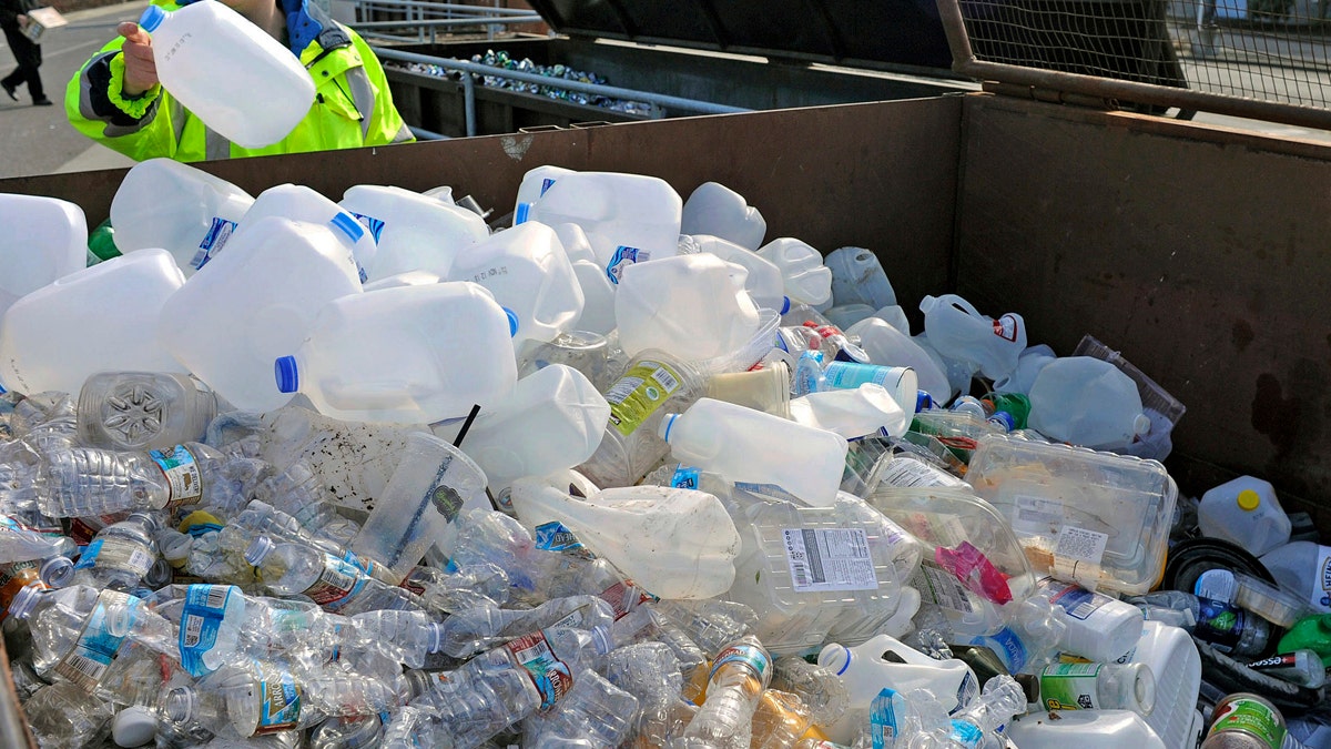 FILE - In this March 12, 2018, file photo, Skagit County Solid Waste Division manager Margo Gillaspy displays some of the recyclable plastic items that had been deposited at the Skagit County Transfer Station at Ovenell Road in Mt. Vernon, Wash. A scientific study published Wednesday, June 20, 2018, said China's 2017 decision to stop accepting plastic waste from other countries is causing plastic to stockpile around the globe. (Scott Terrell/Skagit Valley Herald via AP, File)