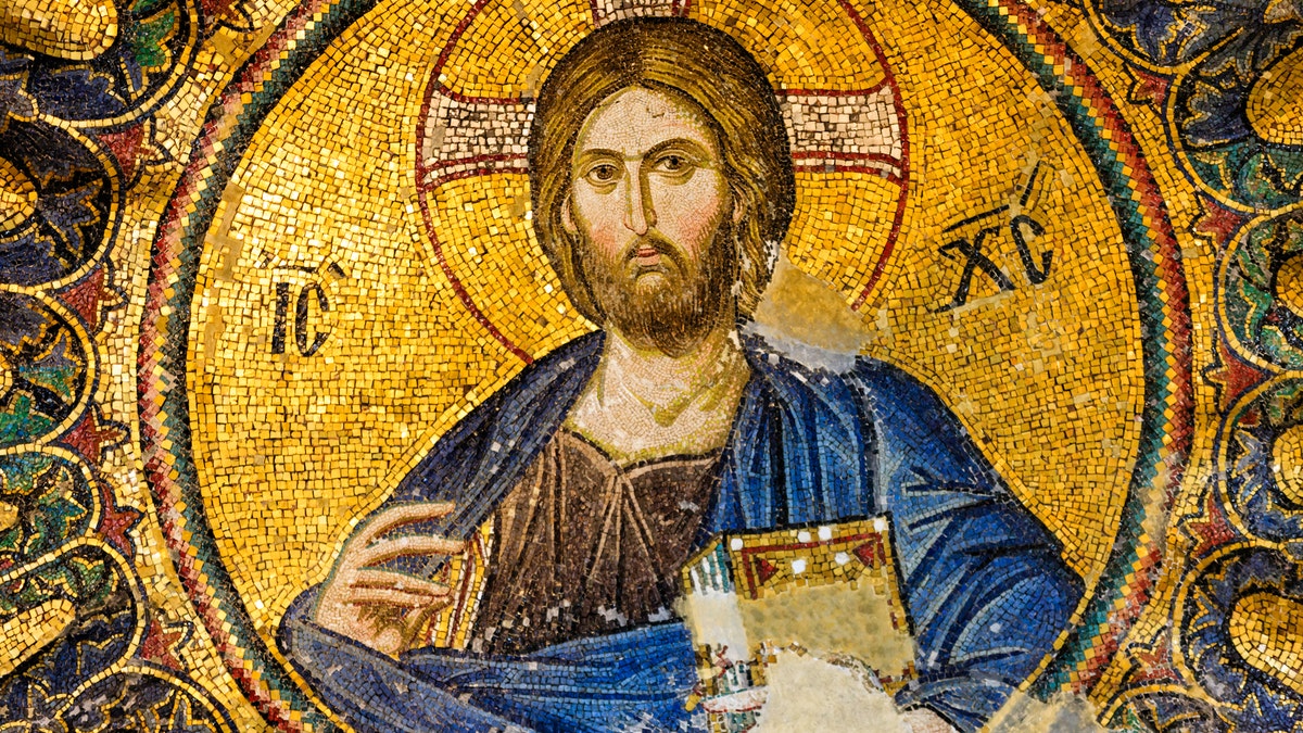 Photo shows a mosaic of Jesus Christ from the 13th Century that is located in a Turkish church