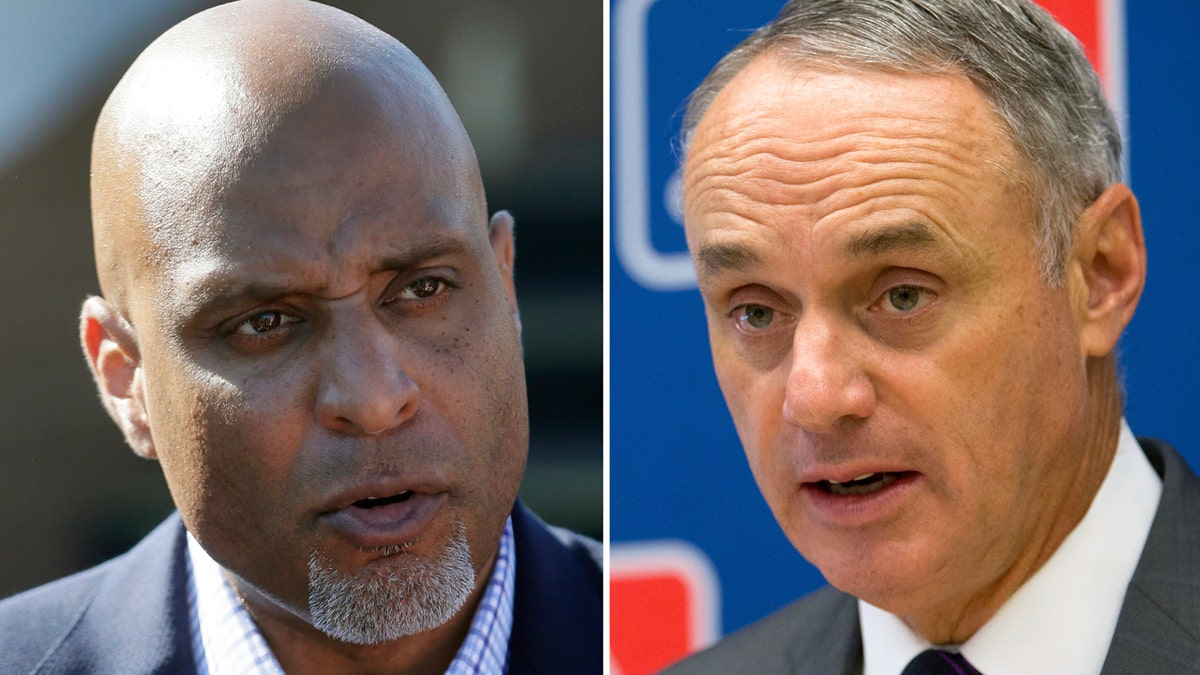 FILE - At left, in a March 17, 2015, file photo, Major League Baseball Players Association executive and former Detroit Tigers first baseman Tony Clark talks to the media before a spring training exhibition baseball game in Lakeland, Fla. At right, in a May 19, 2016, file photo, Baseball Commissioner Rob Manfred speaks to reporters during a news conference at Major League Baseball headquarters in New York. Negotiators for baseball players and owners are meeting this week in Irving, Texas, in an attempt to reach agreement on a collective bargaining agreement to replace the five-year contract that expires Thursday, Dec. 1, 2016. (AP Photo/File)