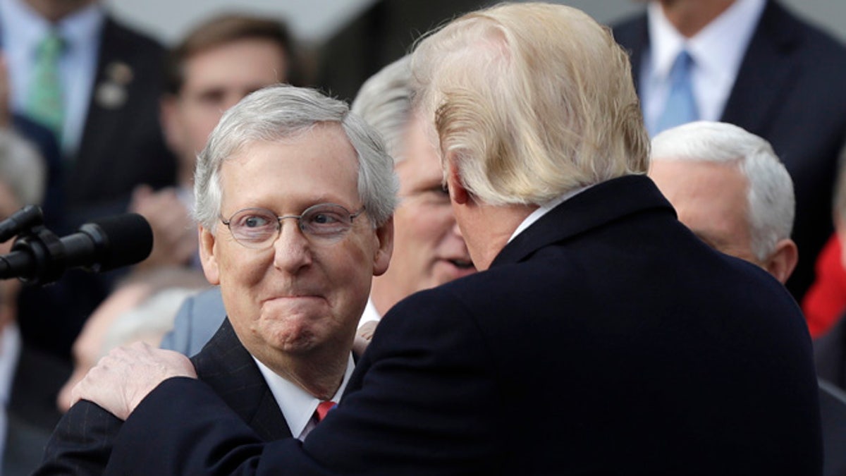 President Donald Trump greets Senate Majority Leader Mitch McConnell of Ky., during a bill passage event on the South Lawn of the White House in Washington, Wednesday, Dec. 20, 2017, to acknowledge the final passage of tax cut legislation by Congress. (AP Photo/Evan Vucci)