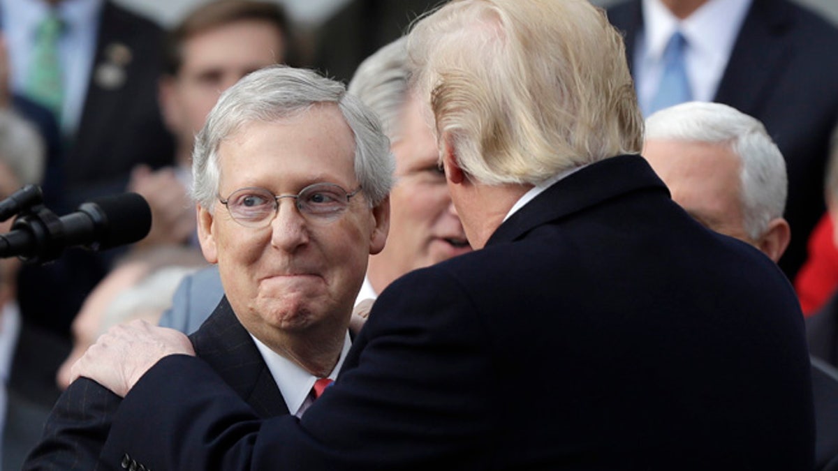 President Donald Trump greets Senate Majority Leader Mitch McConnell of Ky., during a bill passage event on the South Lawn of the White House in Washington, Wednesday, Dec. 20, 2017, to acknowledge the final passage of tax cut legislation by Congress. (AP Photo/Evan Vucci)