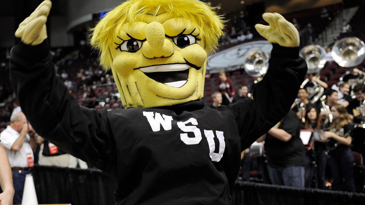Wichita State's mascot WuShock fires up the crowd before their first-round game against Texas A&M in the women's NCAA college basketball tournament in College Station, Texas, Saturday, March 23, 2013. Fast fact: What’s a ‘Shocker?’ As the lowest seed still playing and one of the lowest ever to reach the final weekend Wichita State’s nickname is appropriate. University lore traces the name to 1904, when a football manager called the team as the 