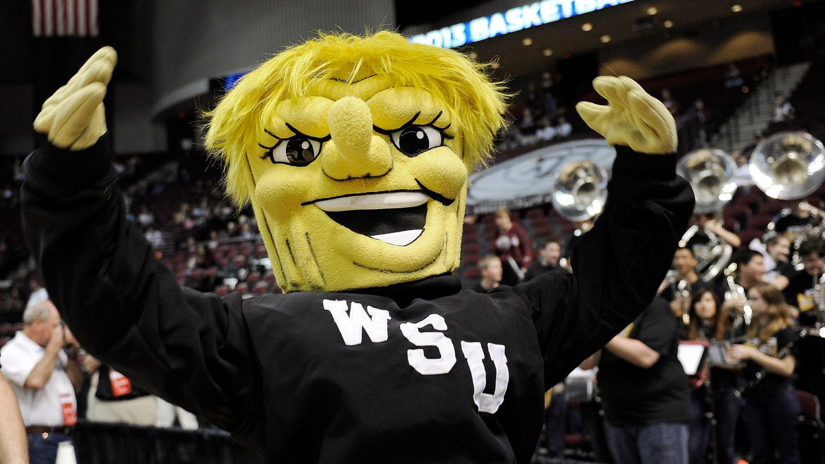 Wichita State's mascot WuShock fires up the crowd before their first-round game against Texas A&M in the women's NCAA college basketball tournament in College Station, Texas, Saturday, March 23, 2013. Fast fact: What’s a ‘Shocker?’ As the lowest seed still playing and one of the lowest ever to reach the final weekend Wichita State’s nickname is appropriate. University lore traces the name to 1904, when a football manager called the team as the 