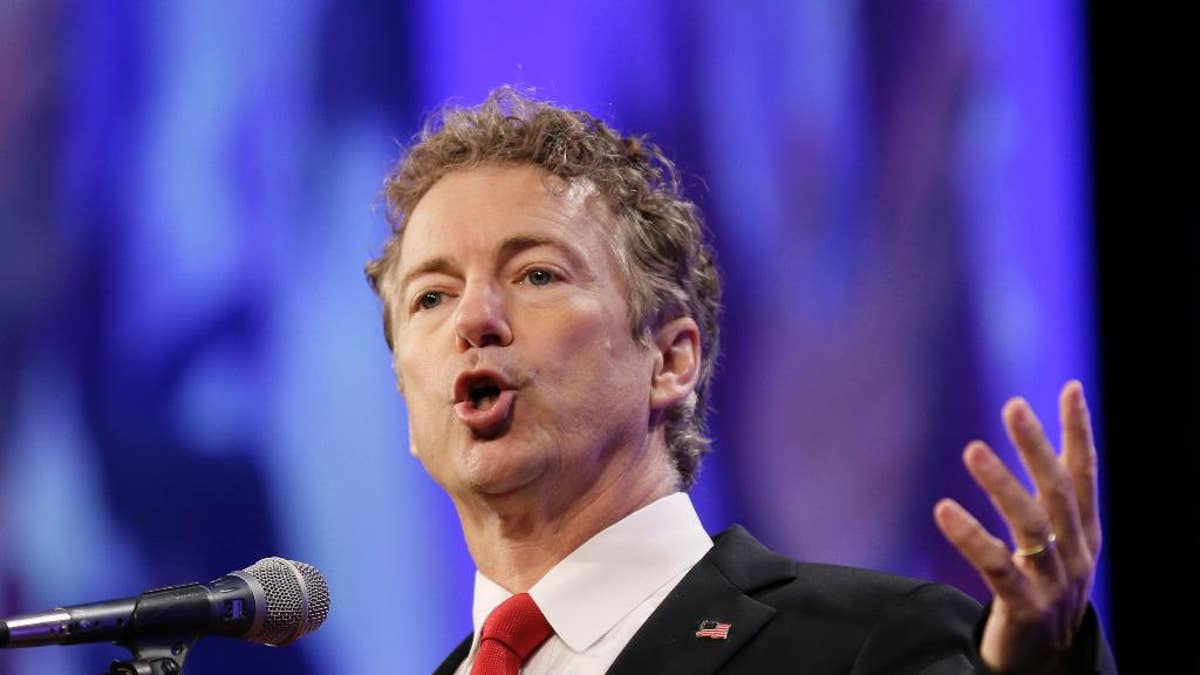 Republican presidential candidate Sen. Rand Paul speaks in Des Moines, Iowa, May 16, 2015. Congress’ debate over domestic surveillance is scrambling partisan divisions in the Senate as libertarian-minded Republicans defy their leaders to make common cause with liberal Democrats. (Associated Press)