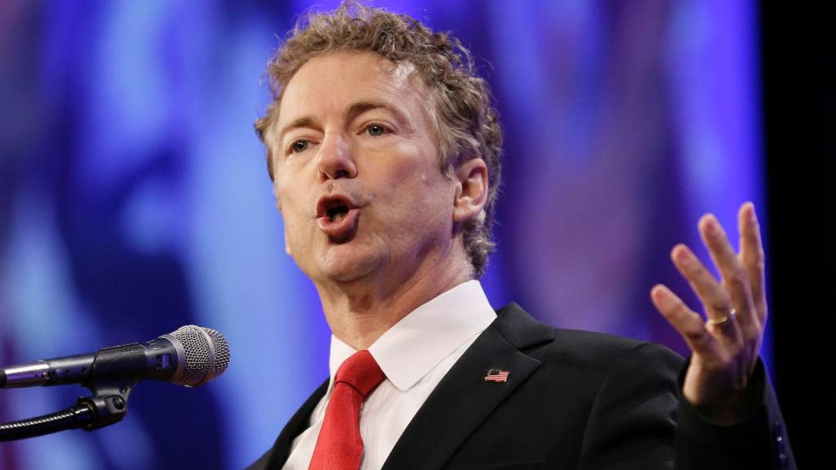 Republican presidential candidate Sen. Rand Paul speaks in Des Moines, Iowa, May 16, 2015. Congress’ debate over domestic surveillance is scrambling partisan divisions in the Senate as libertarian-minded Republicans defy their leaders to make common cause with liberal Democrats. (Associated Press)