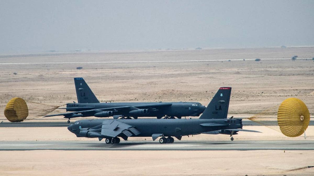U.S. Air Force B-52 Stratofortress aircraft from Barksdale Air Force Base, Louisiana, arrive at Al Udeid Air Base, Qatar, Saturday, April 9, 2016. The U.S. Air Force says it has deployed the bombers to take part in the U.S.-led bombing campaign against the Islamic State group. It is the first time the Cold War-era heavy bombers will be based in the region since the 1991 Gulf War, when they operated from neighboring Saudi Arabia. (Staff Sgt. Corey Hook/U.S. Air Force via AP)