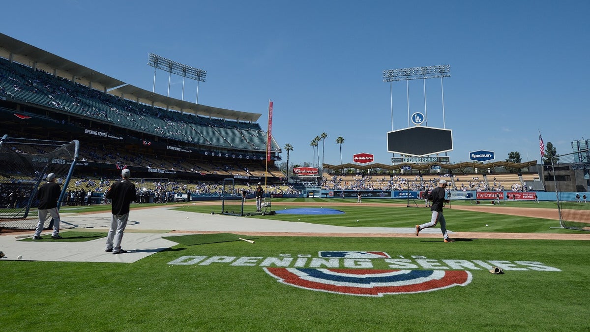 March 29, 2018; Los Angeles, CA, USA; San Francisco Giants take batting practice before playing against the Los Angeles Dodgers in the opening day game at Dodger Stadium. Mandatory Credit: Gary A. Vasquez-USA TODAY Sports - 10745890