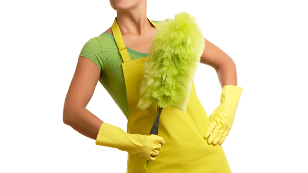 Cleaning Woman Maid with Duster on White