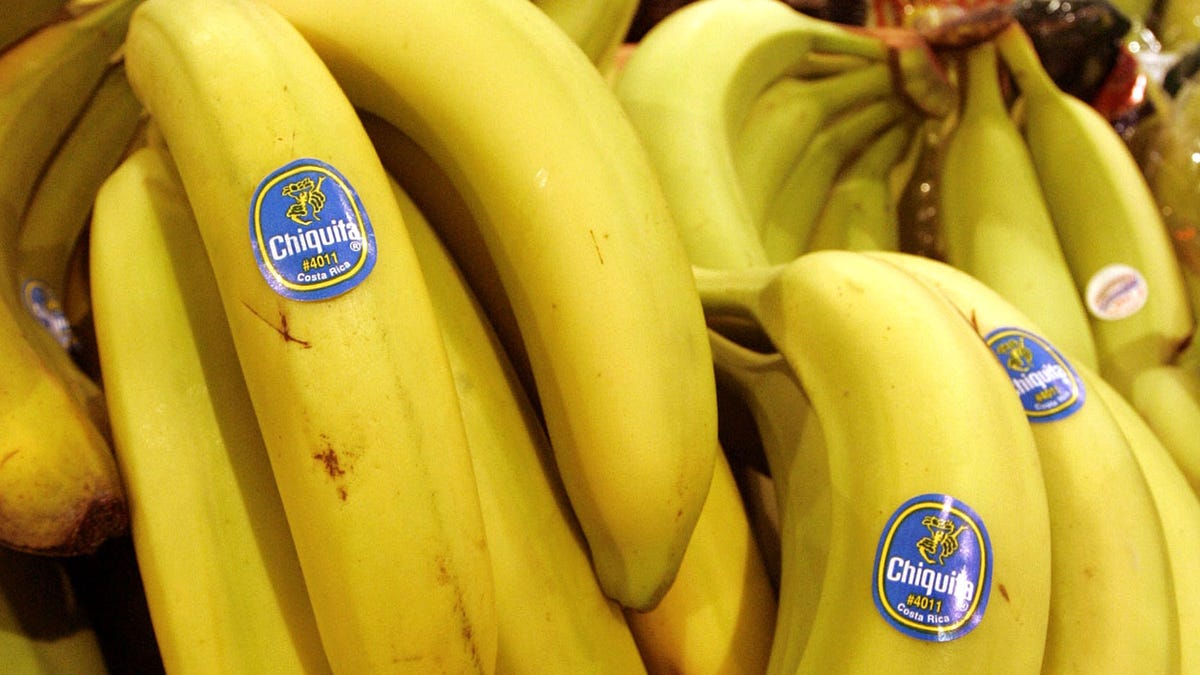 FILE - In this Aug. 3, 2005 file photo, Chiquita bananas are on display at a grocery store in Bainbridge, Ohio. Fruit supply companies Chiquita of the United States and Fyffes of Ireland said Monday, March 10, 2014, they had agreed to merge to create the world's biggest banana supplier. (AP Photo/Amy Sancetta, File)