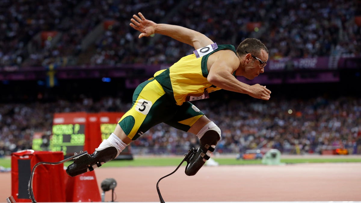 FILE - In this Aug. 5, 2012 file photo, South Africa's Oscar Pistorius starts in the men's 400-meter semifinal during the athletics in the Olympic Stadium at the 2012 Summer Olympics in London. Paralympic superstar Oscar Pistorius was charged Thursday, Feb. 14, 2013, with the murder of his girlfriend who was shot inside his home in South Africa, a stunning development in the life of a national hero known as the Blade Runner for his high-tech artificial legs. Reeva Steenkamp, a model who spoke out on Twitter against rape and abuse of women, was shot four times in the predawn hours in the home, in a gated community in the capital, Pretoria, police said. (AP Photo/Anja Niedringhaus, File)