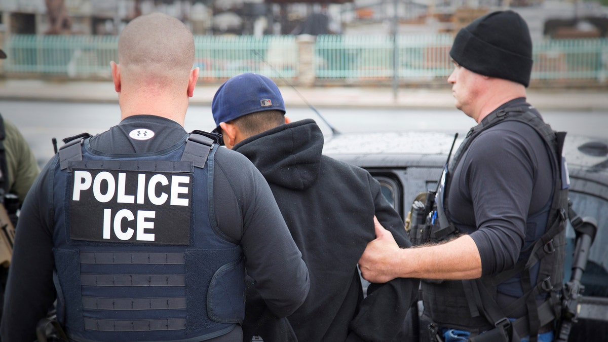 U.S. Immigration and Customs Enforcement (ICE) officers detain a suspect as they conduct a targeted enforcement operation in Los Angeles, California, U.S. on February 7, 2017. Picture taken on February 7, 2017. Courtesy Charles Reed/U.S. Immigration and Customs Enforcement via REUTERS ATTENTION EDITORS - THIS IMAGE WAS PROVIDED BY A THIRD PARTY. EDITORIAL USE ONLY. - RTSY4HF