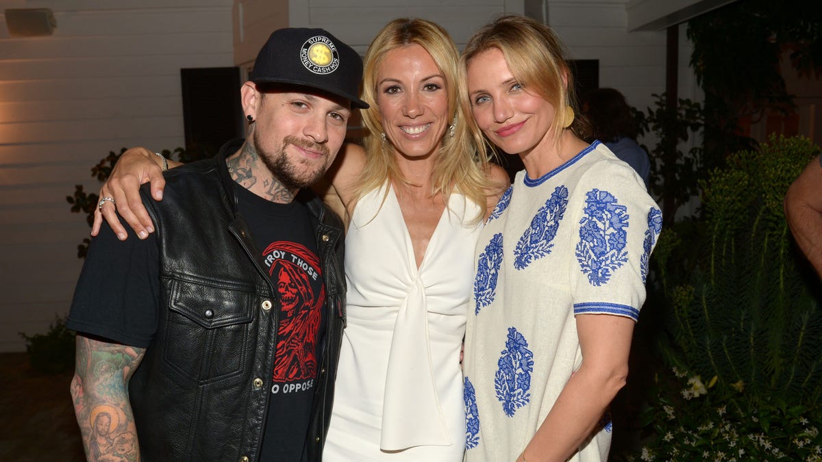 LOS ANGELES, CA - MAY 15:  (L-R) Musician Benji Madden, author Vicky Vlachonis, and actress Cameron Diaz celebrate the launch of The Body Doesn't Lie by Vicky Vlachonis on May 15, 2014 in Los Angeles, California.  (Photo by Jason Kempin/Getty Images for Goop)