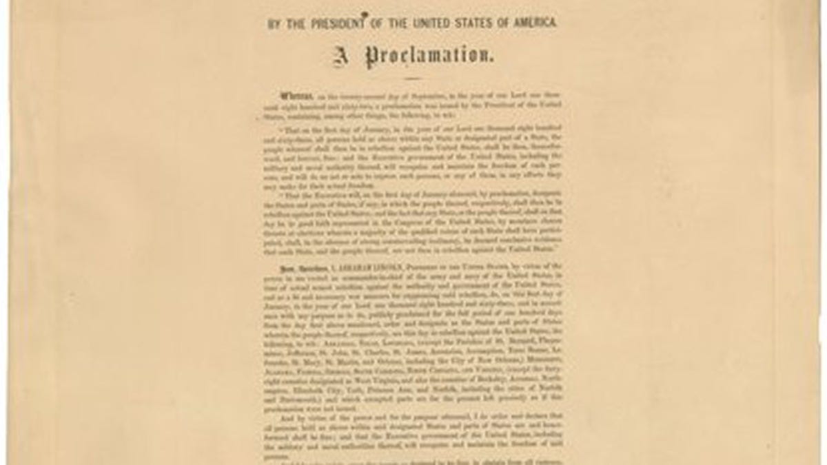 June 26, 2012: This undated photo provided by Seth Kaller, Inc., shows a rare original copy of President Abraham Lincoln's Emancipation Proclamation which sold at a New York auction for more than $2 million.