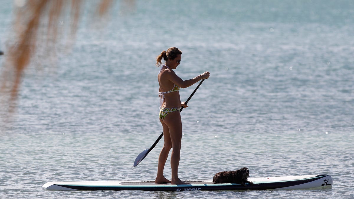 A girl enjoys sunny skies and warm temperatures while paddleboarding with her dog, Wednesday, March 14, 2012, in Key Biscayne, Fla. (AP Photo/Lynne Sladky)