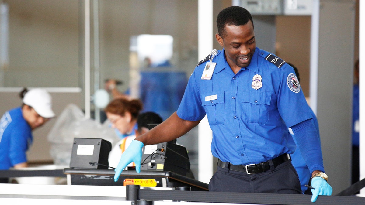 A Transportation Security Administration (TSA) agent works at JFK airport in the Queens borough of New York City, U.S., May 27, 2016. REUTERS/Brendan McDermid - RTX2EK9I