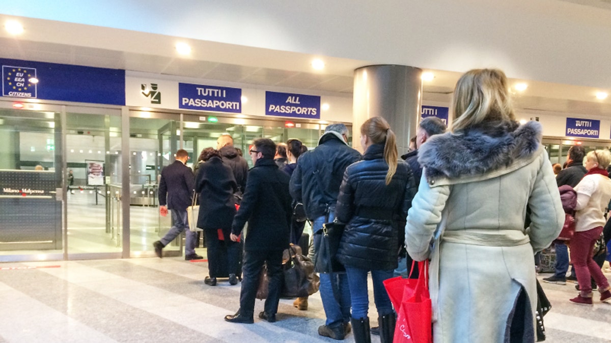 Passport control in Malpensa Airport, Milan, Italy