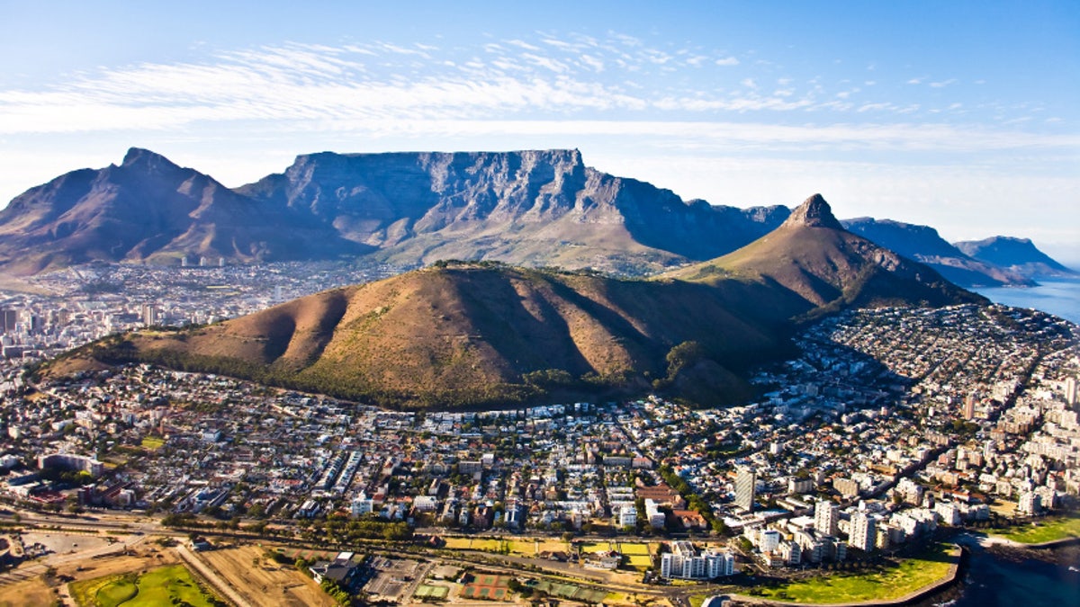 Aerial view of Cape Town, with Green Point and Sea Point, Table Mountain, Signal Hill, Lion's Head, Devil's Peak, South Africa
