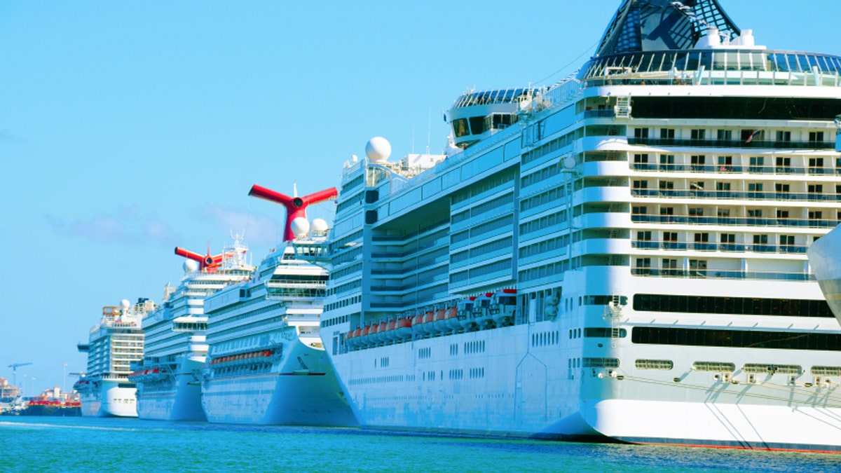Row of big cruise ships at port docked