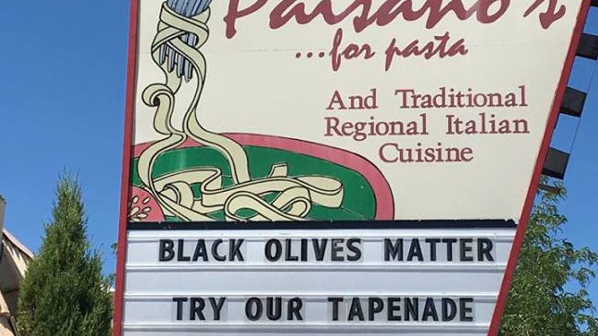 Italian restaurant sees surge in business after posting controversial  'Black Olives Matter' sign | Fox News, image size:1200x675