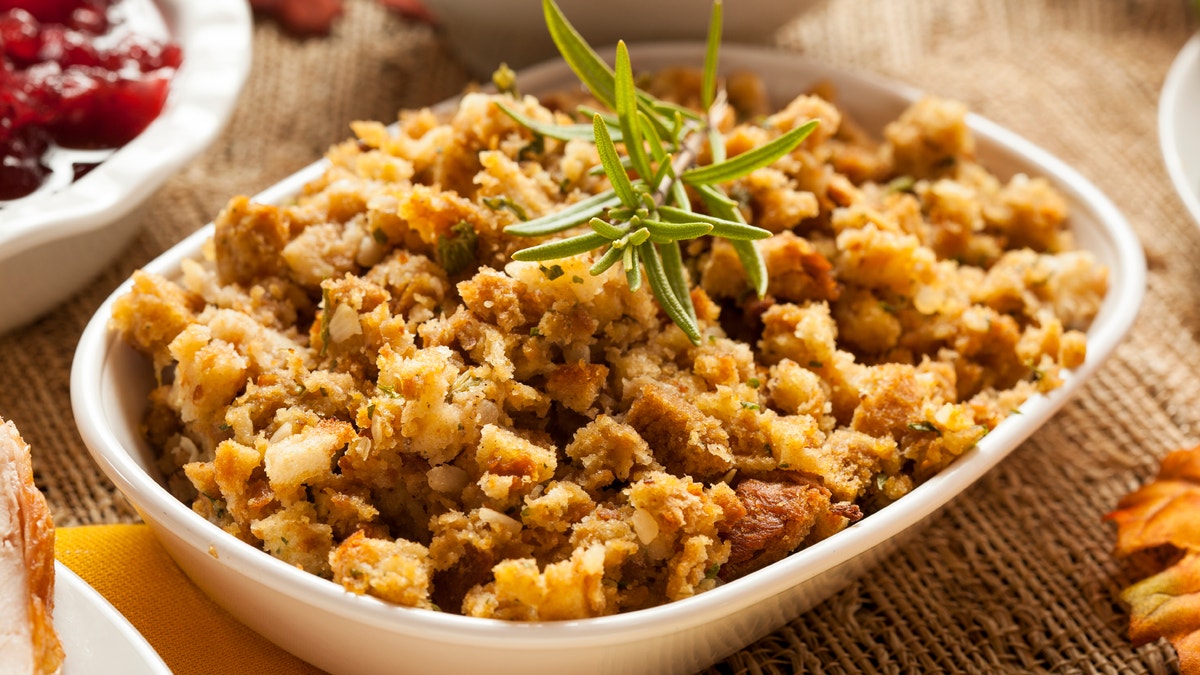 Homemade Thanksgiving stuffing made with bread and herbs