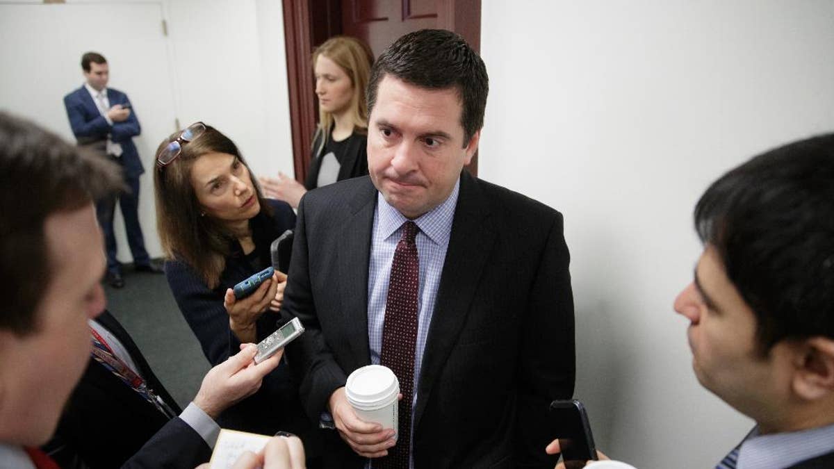 House Intelligence Committee Chairman Rep. Devin Nunes, R-Calif., is questioned by reporters on Capitol Hill in Washington, Tuesday, Feb. 14, 2017, on the ouster of Michael Flynn, President Trump's national security adviser. (AP Photo/J. Scott Applewhite)