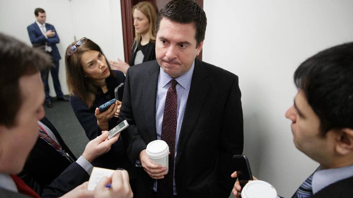 House Intelligence Committee Chairman Rep. Devin Nunes, R-Calif., is questioned by reporters on Capitol Hill in Washington, Tuesday, Feb. 14, 2017, on the ouster of Michael Flynn, President Trump's national security adviser. (AP Photo/J. Scott Applewhite)