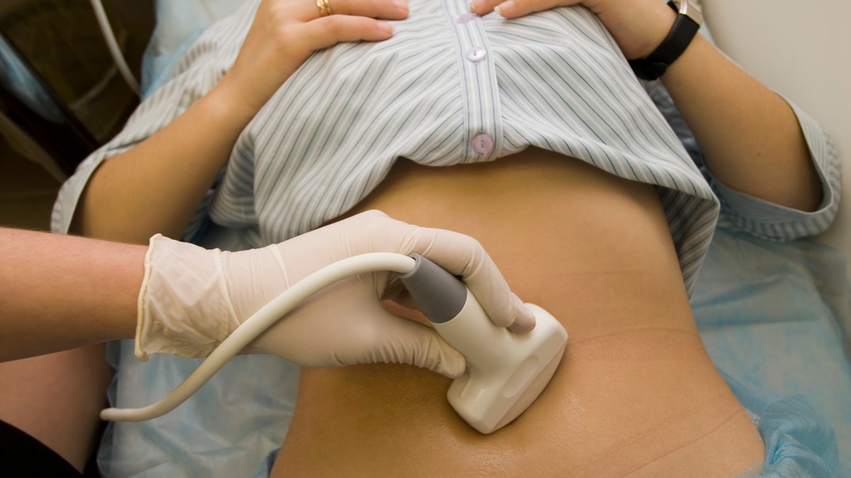 Scanning of a stomach of the woman. Scanning of a stomach of the pregnant woman in clinic.