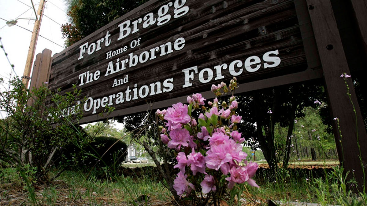 This photo shows an entrance sign to Fort Bragg, N.C., Tuesday, April 24, 2007. The nine U.S. soldiers killed when a truck bomb exploded next to their patrol base in Iraq were all paratroopers from the 82nd Airborne Division, based at Fort Bragg, the division said Tuesday. Twenty of their colleagues were wounded in the attack. (AP Photo/Gerry Broome)