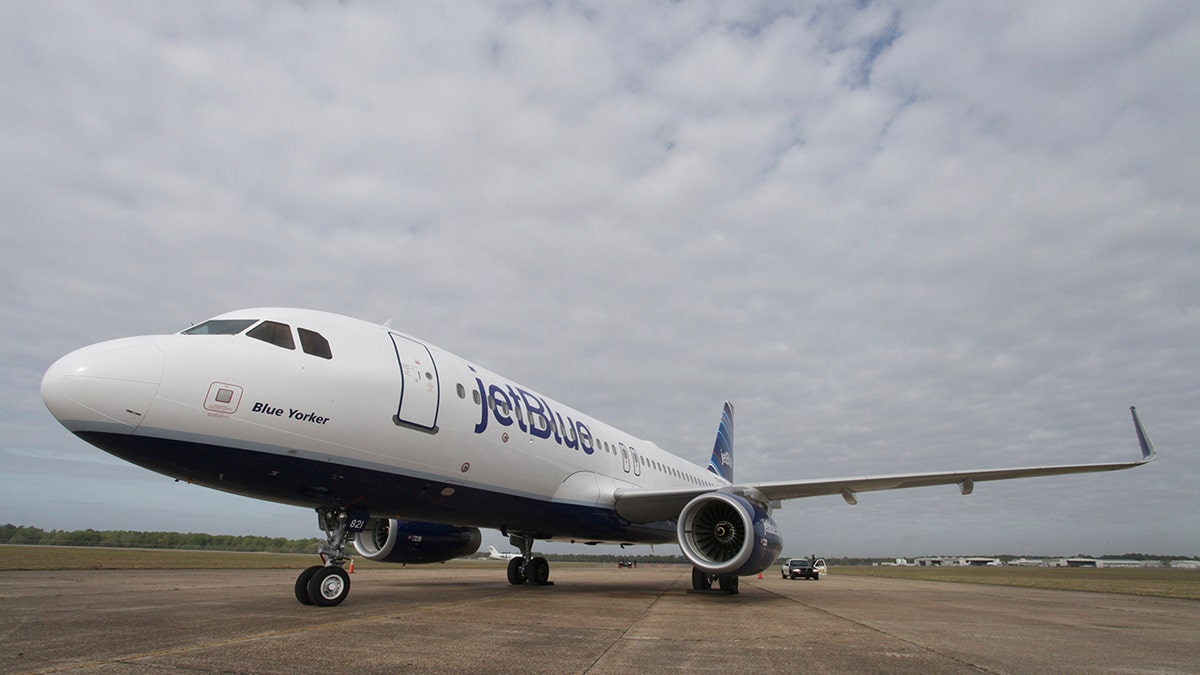 A JetBlue Airbus A320 air plane is pictured on the tarmac at a ground breaking ceremony for the first Airbus U.S. assembly plant in Mobile, Alabama April 8, 2013. Airbus broke ground on a plane assembly plant in Mobile, Alabama, on Monday, a big step toward making its first U.S. plant a reality in a bid to win market share from Boeing Co.    REUTERS/Lyle Ratliff  (UNITED STATES - Tags: TRANSPORT BUSINESS INDUSTRIAL CONSTRUCTION) - TM4E94815MM01