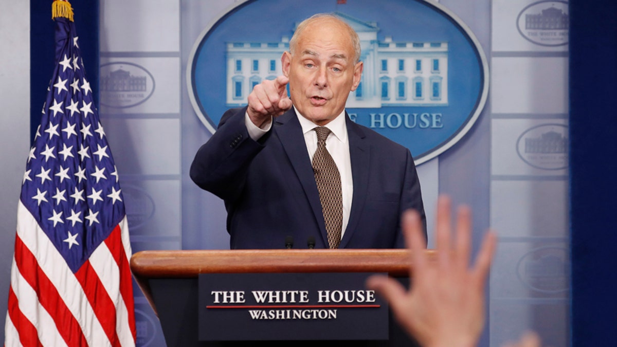 White House Chief of Staff John Kelly takes questions from the media while addressing the daily briefing at the White House in Washington, U.S., October 12, 2017. REUTERS/Kevin Lamarque - HP1EDAC1F1Q8V