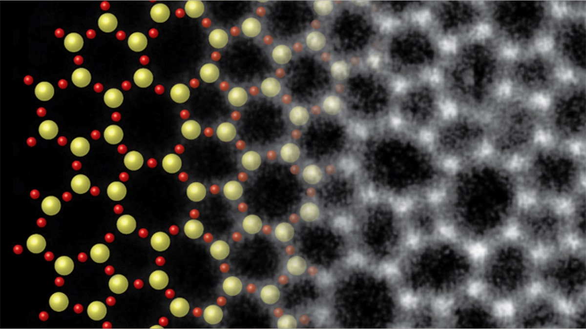 A microscopic photo of a sheet of glass only two atoms thick blends with an artist's conception to show the structural rendering.