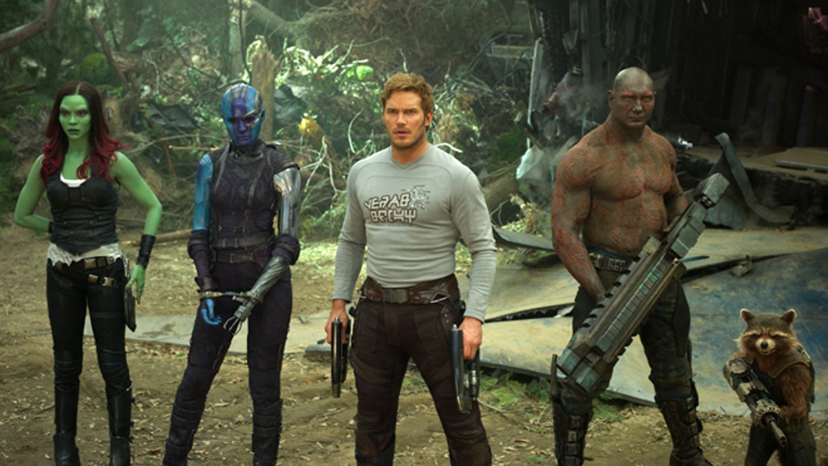 FILE - This image released by Disney-Marvel shows Zoe Saldana, from left, Karen Gillan, Chris Pratt, Dave Bautista and Rocket, voiced by Bradley Cooper, in a scene from, 