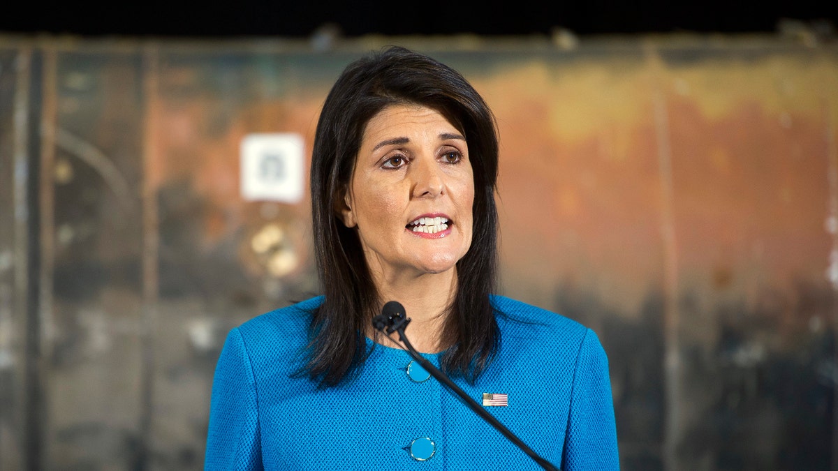 U.S. Ambassador to the U.N. Nikki Haley speaks during a press briefing at Joint Base Anacostia-Bolling, Thursday, Dec. 14, 2017, in Washington. Haley says "undeniable" evidence proves Iran is violating international law by funneling missiles to Houthi rebels in Yemen. Haley unveiled recently declassified evidence including segments of missiles launched at Saudi Arabia from Houthi-controlled territory in Yemen. (AP Photo/Cliff Owen)