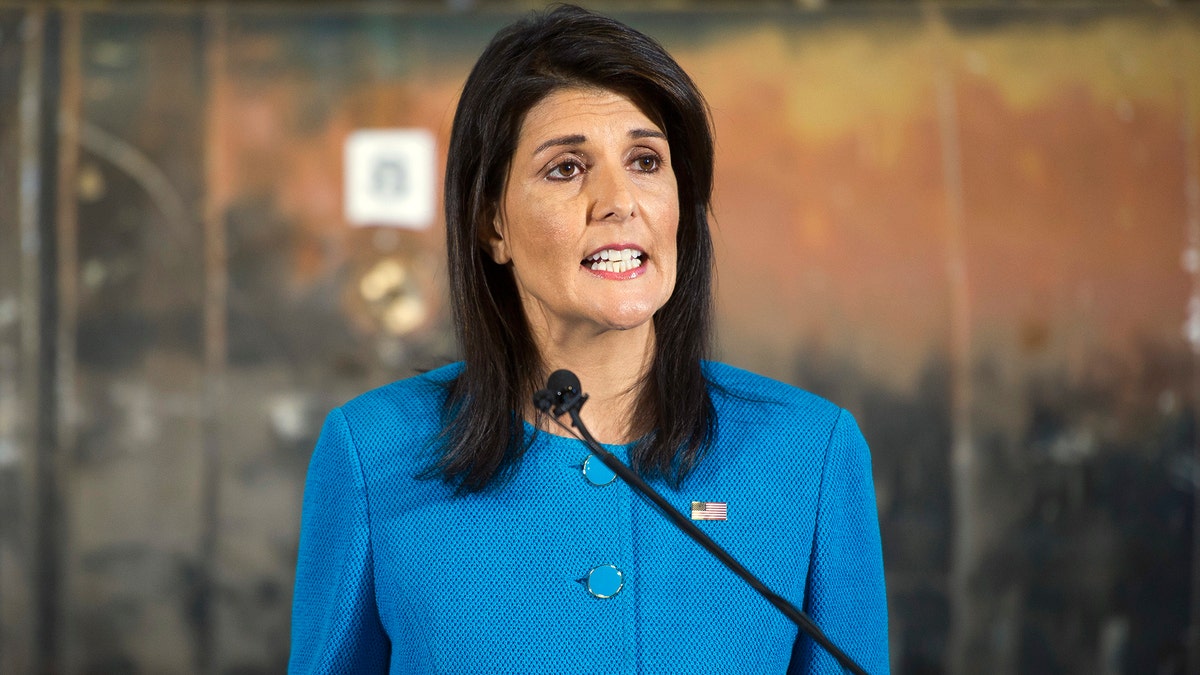 U.S. Ambassador to the U.N. Nikki Haley speaks during a press briefing at Joint Base Anacostia-Bolling, Thursday, Dec. 14, 2017, in Washington. Haley says "undeniable" evidence proves Iran is violating international law by funneling missiles to Houthi rebels in Yemen. Haley unveiled recently declassified evidence including segments of missiles launched at Saudi Arabia from Houthi-controlled territory in Yemen. (AP Photo/Cliff Owen)