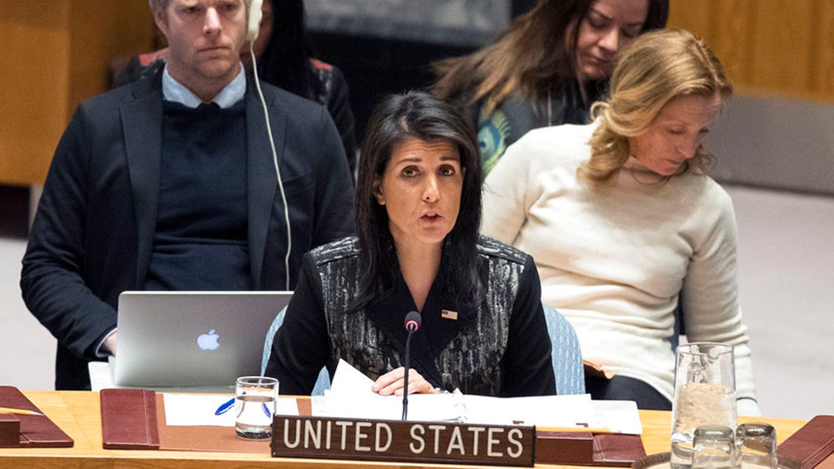 American Ambassador to the United Nations Nikki Haley speaks during a Security Council meeting on the situation in Iran, Friday, Jan. 5, 2018 at United Nations headquarters. (AP Photo/Mary Altaffer)