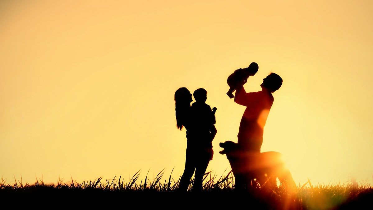 A silhouette of a happy family of four people, mother, father, baby, and child, and their dog in front of a sunsetting sky, with room for copy space or text