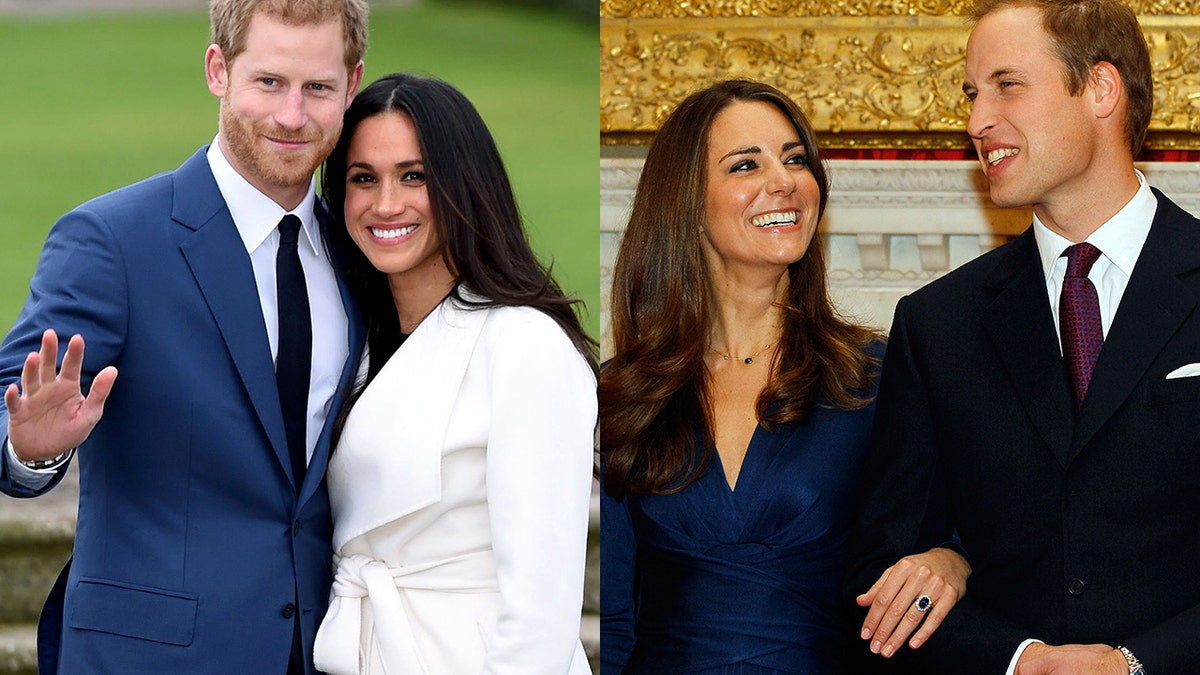 On the left, Prince Harry and Meghan Markle pose for the media in the grounds of Kensington Palace in London, Monday Nov. 27, 2017. On the right, Prince William and his then-fiancee Kate Middleton posed for the media at St. James's Palace in London, after they announced their engagement on Nov. 16, 2010.