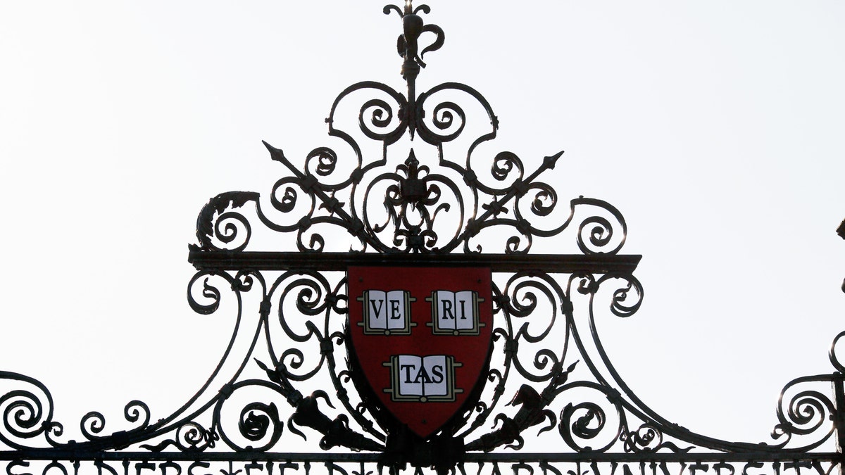 Harvard seal embedded into an iron gate on Harvard University's campus, cloudy day, daytime