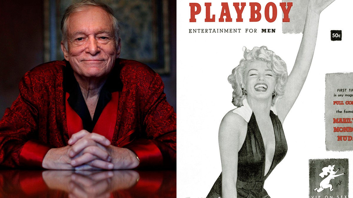 Playboy founder Hugh Hefner and the first Playboy Magazine cover featuring Marilyn Monroe