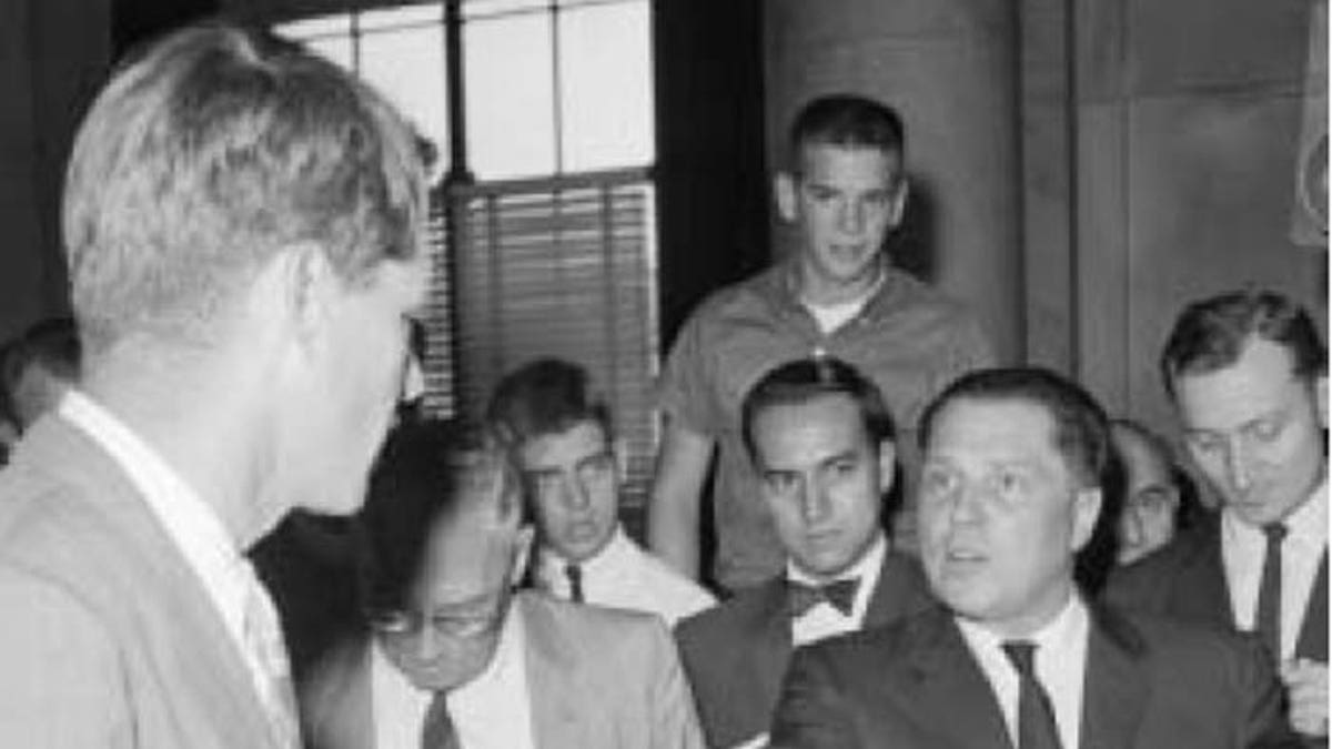 Jimmy Hoffa, shown here in speaking to Robert F. Kennedy, was one of the most powerful men in America when he disappeared. (Courtesy: Chip Fleischer, Steerforth Press)