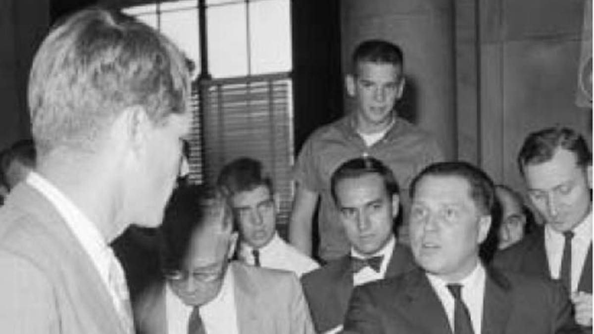 Jimmy Hoffa, shown here in speaking to Robert F. Kennedy, was one of the most powerful men in America when he disappeared. (Courtesy: Chip Fleischer, Steerforth Press)