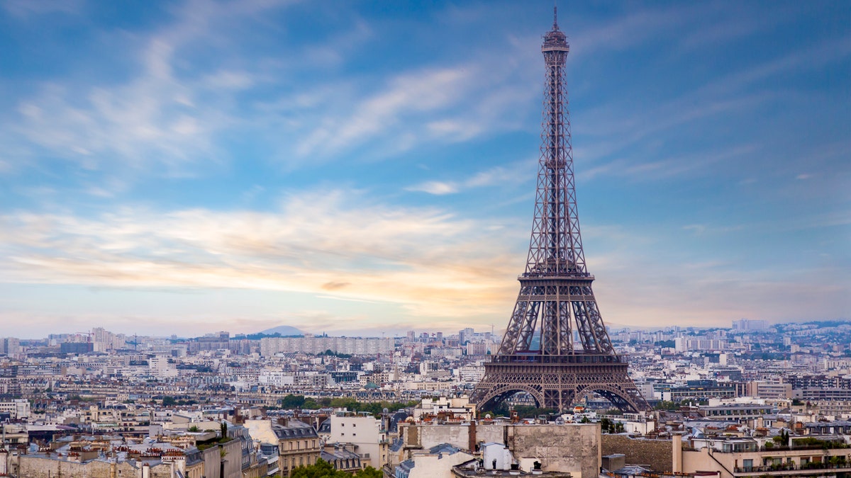 Eiffel Tower in Paris France photographed from the top of the Arc de Triompe. 