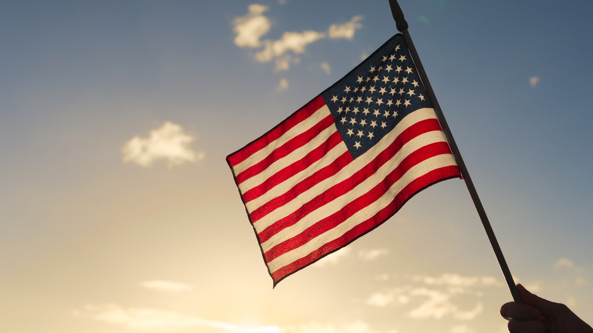 Person holding american flag.