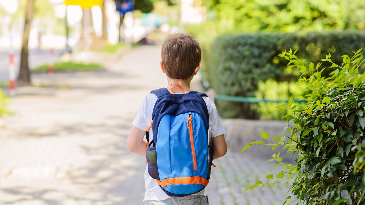 Little 7 years schoolboy going to school. Dressed in white t shirt and shorts. Blue backpack