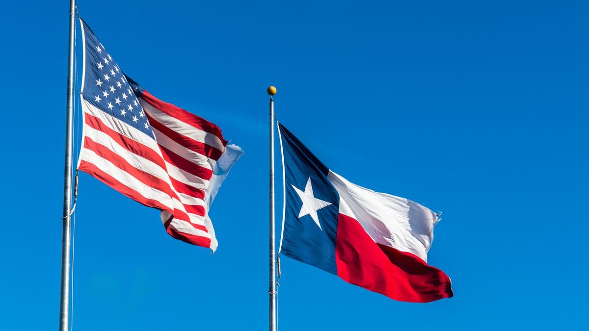 Two Flags waving in the wind on a perfect blue sky day American Flag and Texas Flag