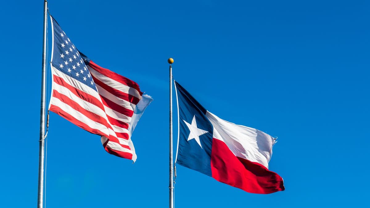 Two Flags waving in the wind on a perfect blue sky day American Flag and Texas Flag