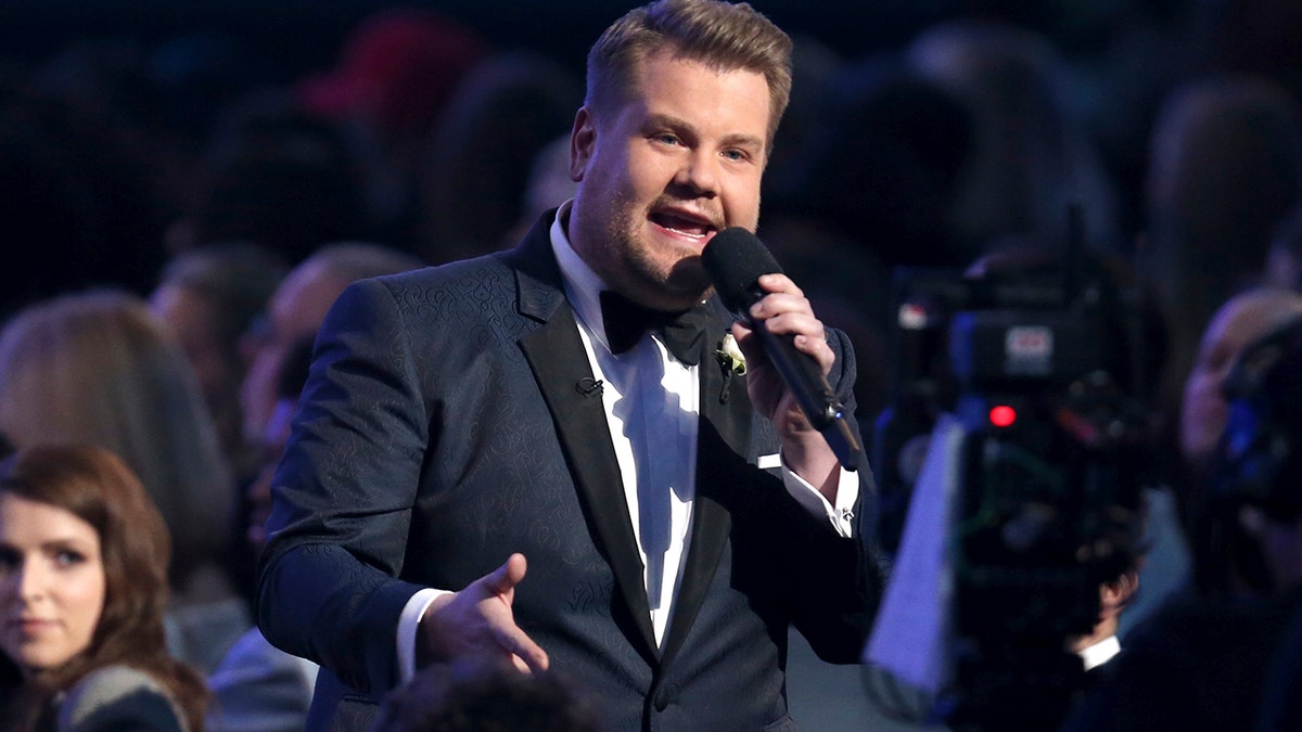 James Corden speaks from the audience at the 60th annual Grammy Awards at Madison Square Garden on Sunday, Jan. 28, 2018, in New York.