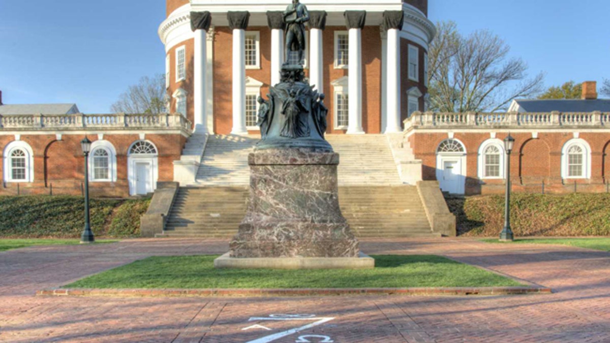 The monument to Thomas Jefferson, UVA founder and U.S. Founding Father, outside the rotunda at the University of Virginia.