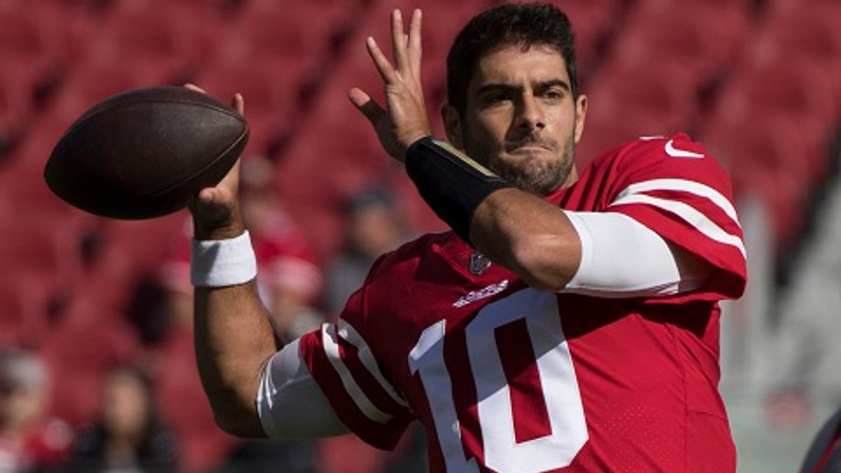 November 5, 2017; Santa Clara, CA, USA; San Francisco 49ers quarterback Jimmy Garoppolo (10) warms up before the game against the Arizona Cardinals at Levi's Stadium. Mandatory Credit: Kyle Terada-USA TODAY Sports - 10394009