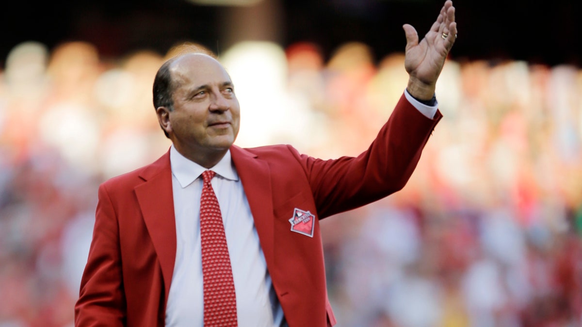 FILE - In this July 14, 2015 file photo, Johnny Bench is introduced as one of the Cincinnati Reds Franchise Four before the MLB All-Star baseball game, in Cincinnati. Major League Baseball Hall of Famer Bench has launched a new cellphone app aimed at combatting bullying in schools nationwide. The Cincinnati Reds catcher officially launched his 